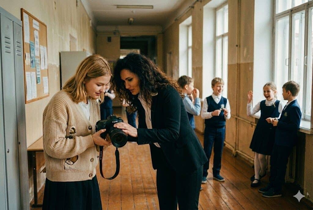 Наставник показывает фотографу снятые кадры