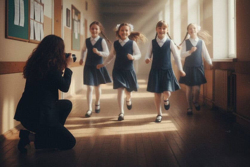 Фотограф снимает школьниц в коридоре